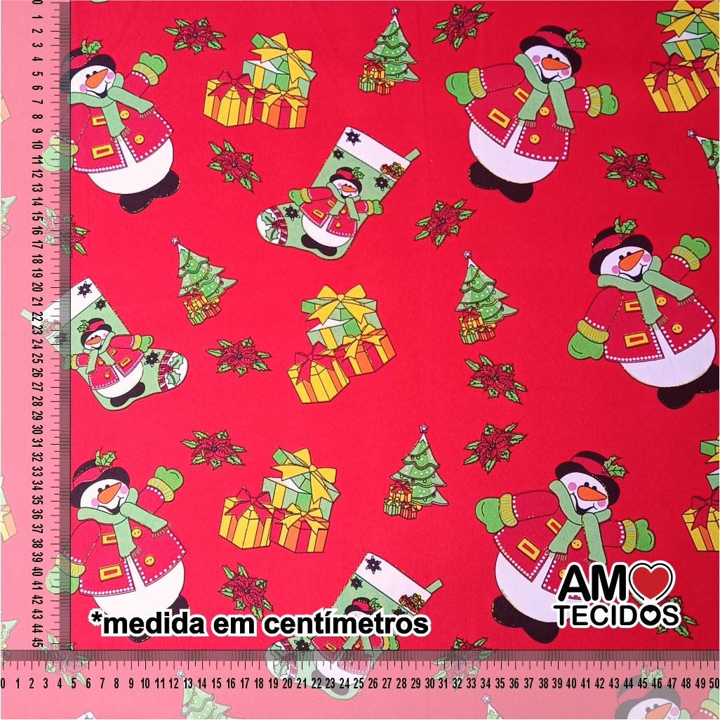 Tecido Oxford Estampado Natalino - Boneco de Neve Fundo Vermelho