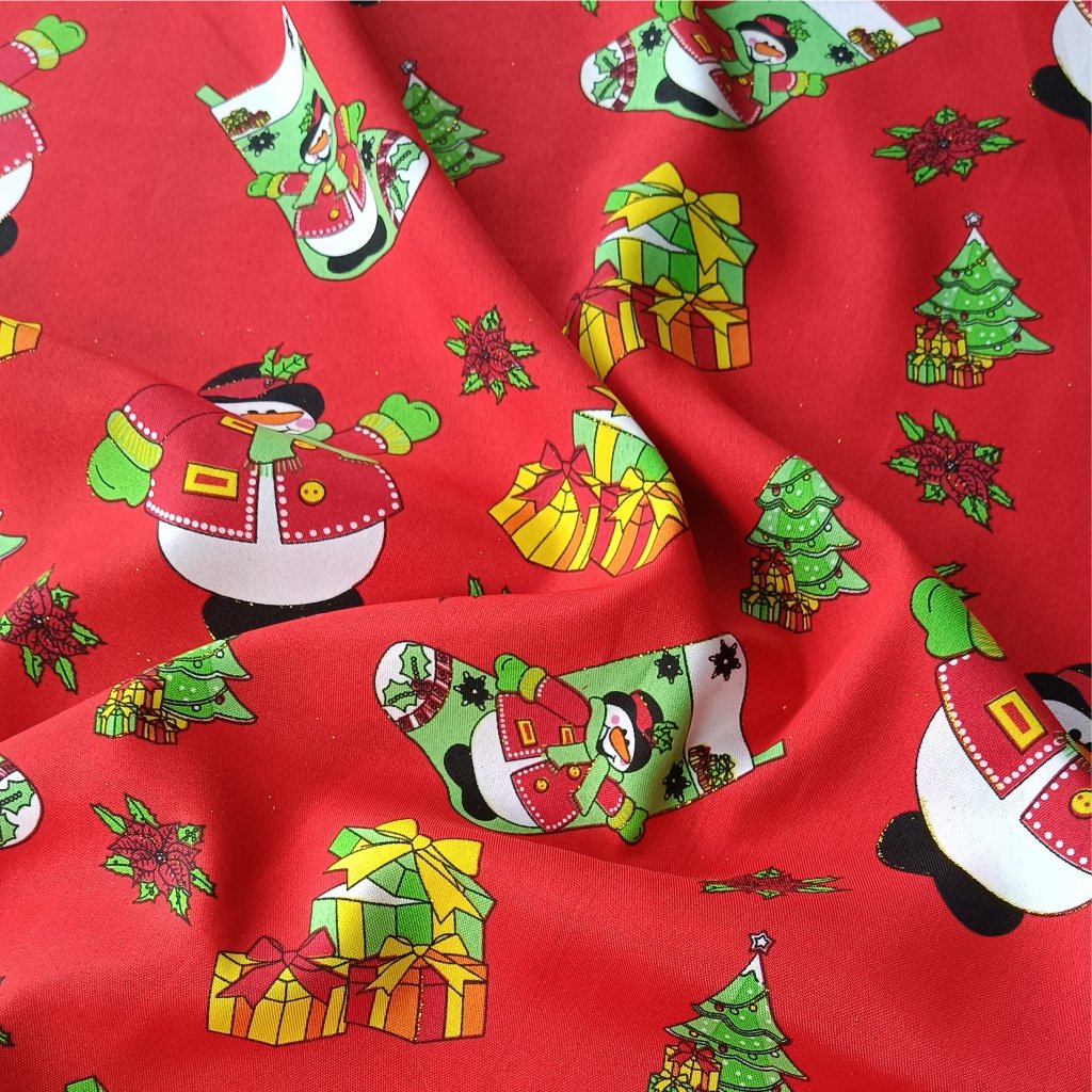 Tecido Oxford Estampado Natalino - Boneco de Neve Fundo Vermelho