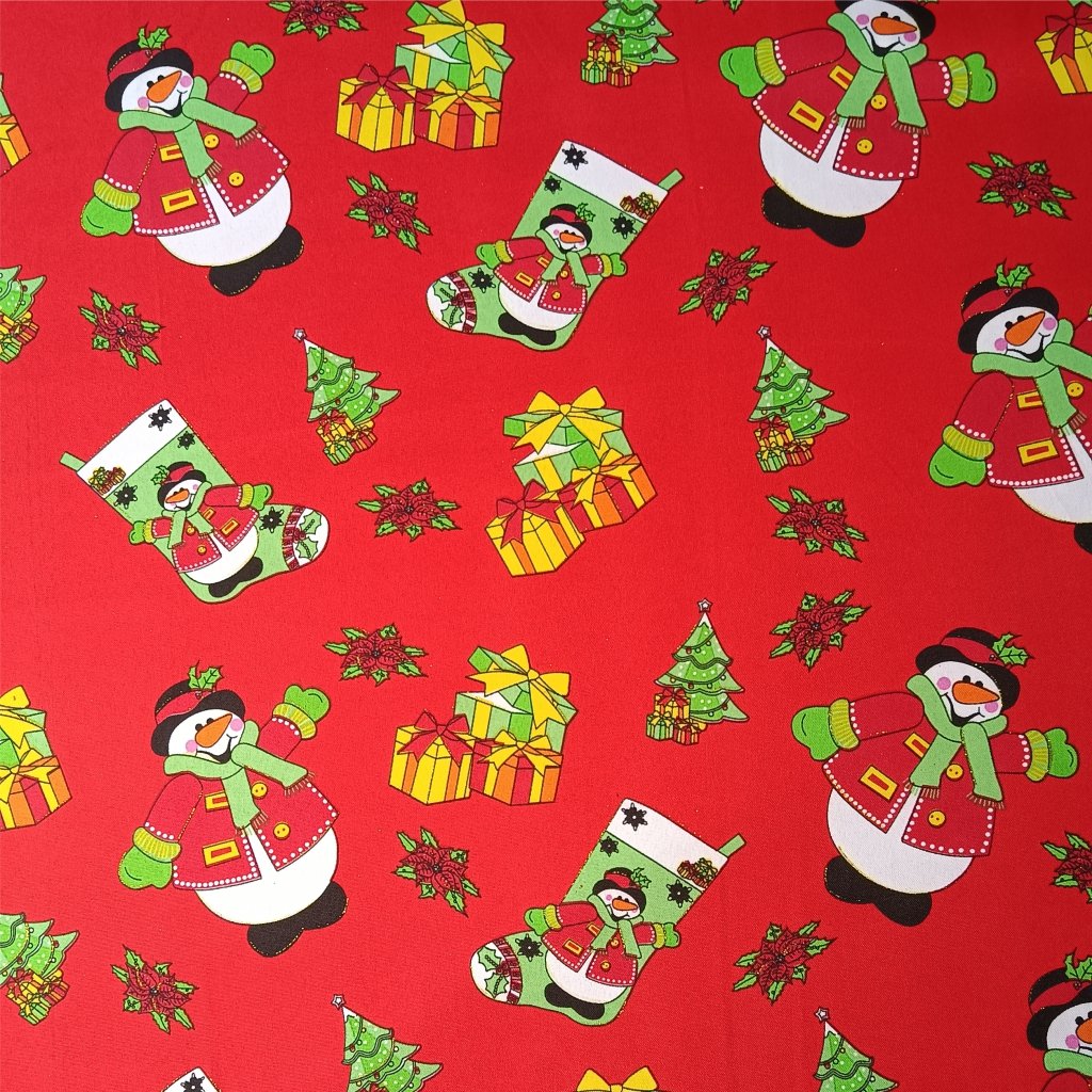 Tecido Oxford Estampado Natalino - Boneco de Neve Fundo Vermelho
